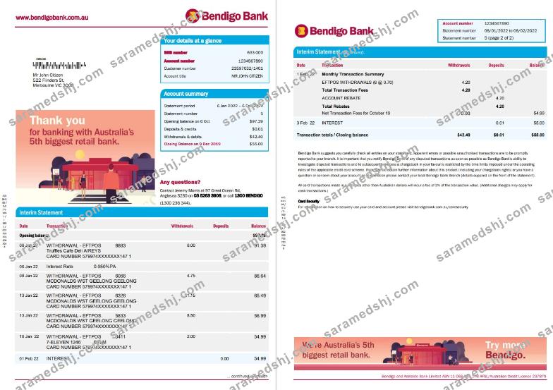 Australia Bendigo Bank Statement